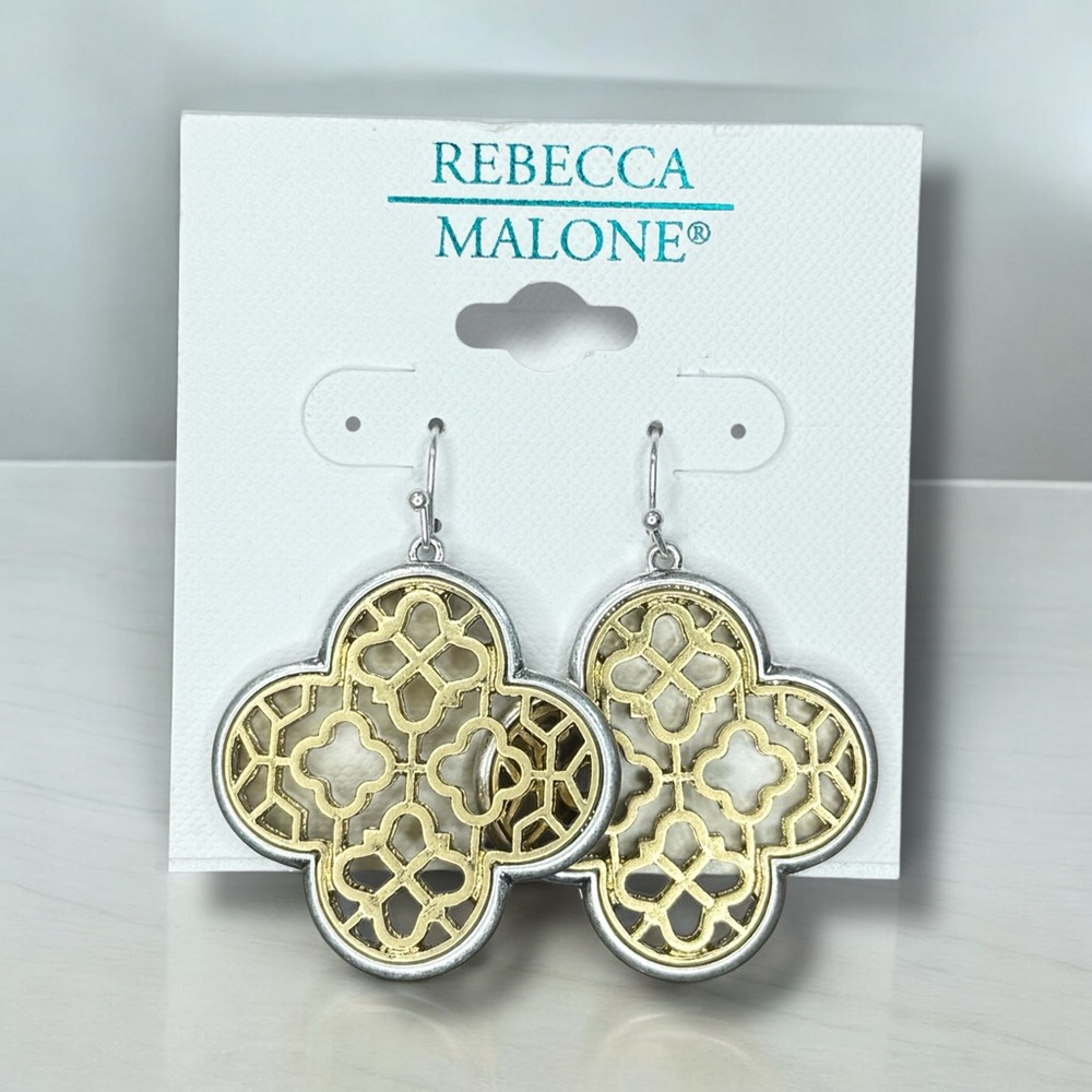 Rebecca Malone clover 2 tone silver gold dangle earrings new hook